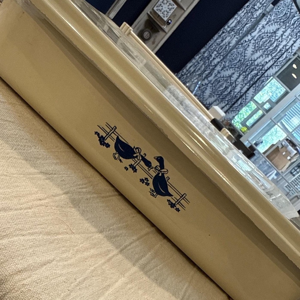Vintage Foley Enamel Cake Pan with Lid Blue Country Geese Cream Farmhouse 80s